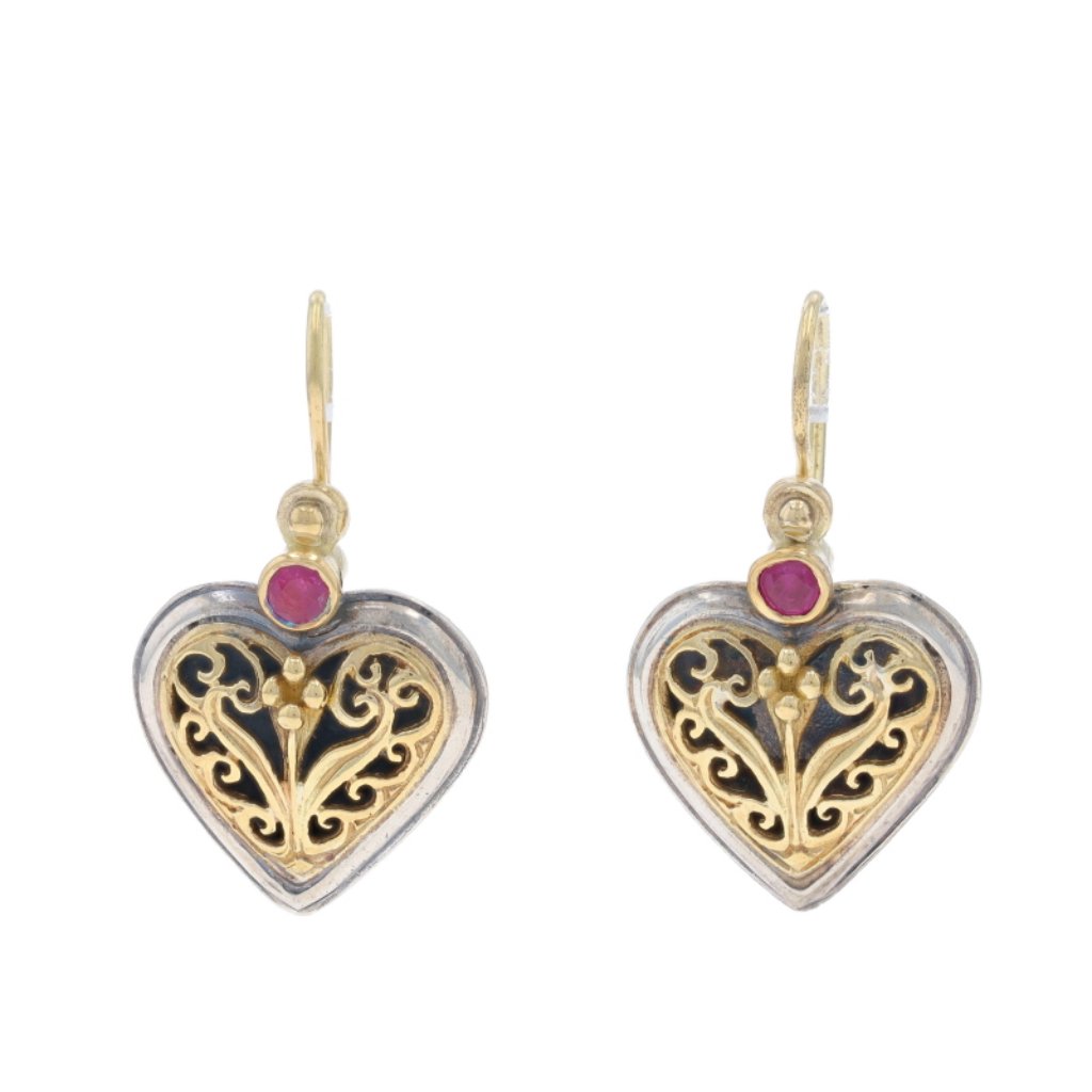 Konstantino Ruby Heart Scrollwork Drop Earrings 925 18k Round .30ctw Pierced